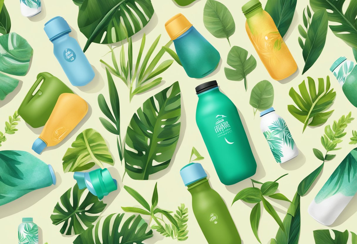 A vibrant display of reusable water bottles, bamboo utensils, and recycled tote bags, surrounded by lush greenery and eco-friendly branding
