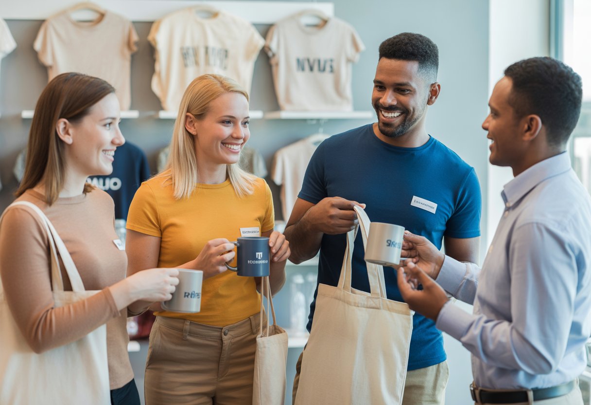 A group of diverse customers happily receiving and using branded merchandise in a modern store, interacting warmly with staff.