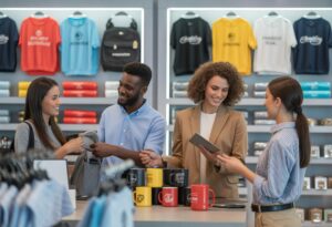 Customers interacting with branded products in a retail store while a store employee assists them.