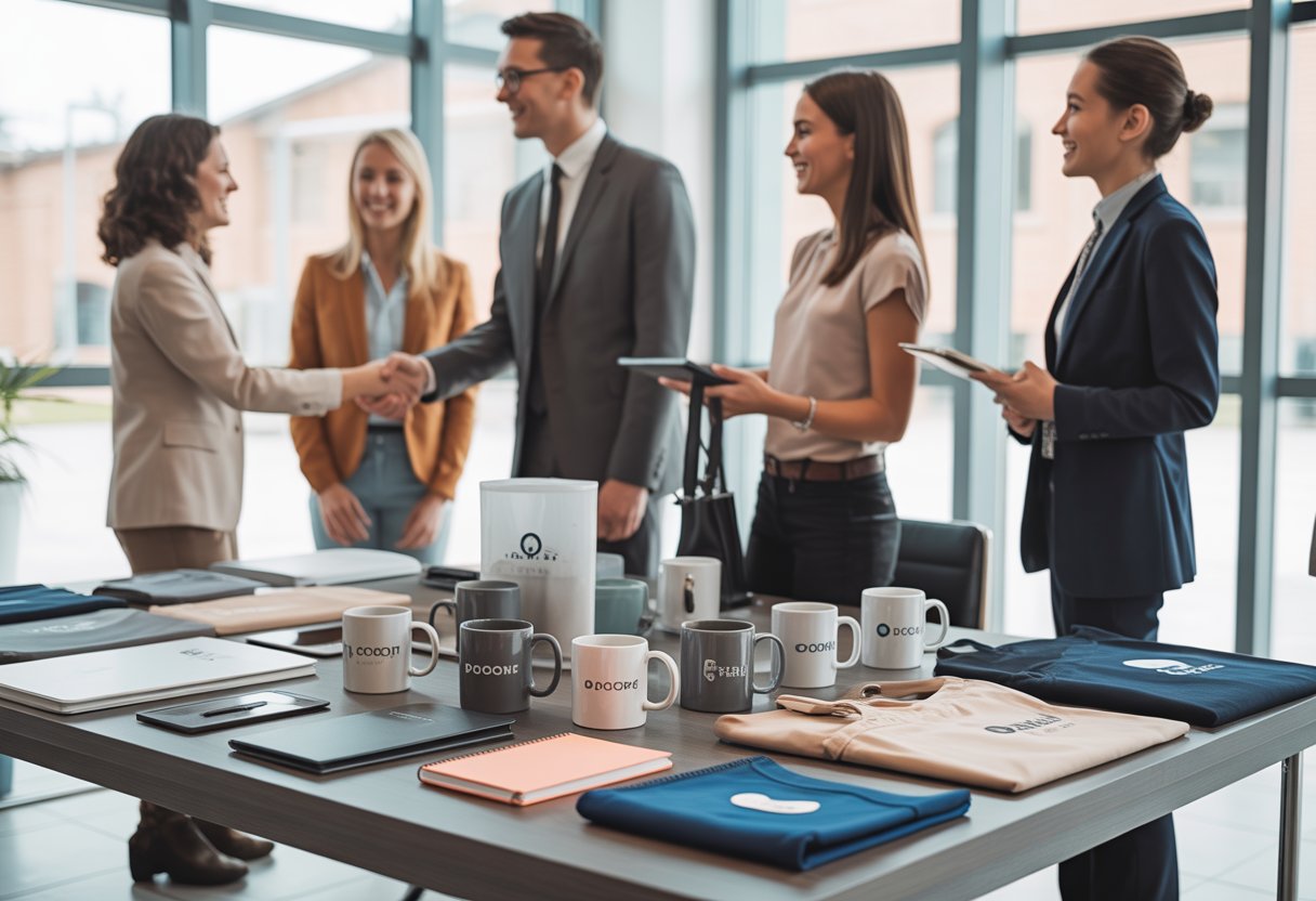 People in an office interacting with branded merchandise and shaking hands to show customer loyalty.