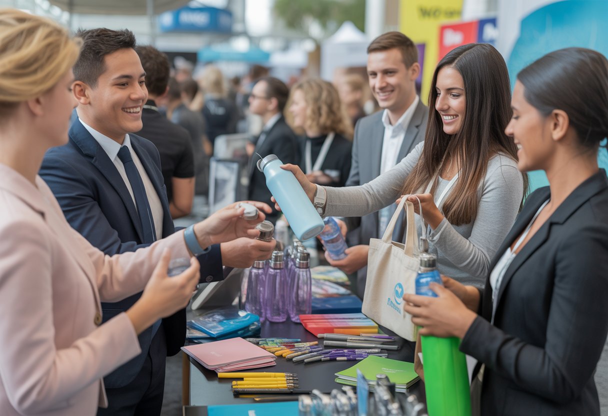 People at a busy trade show booth exchanging promotional products with smiling staff and attendees.