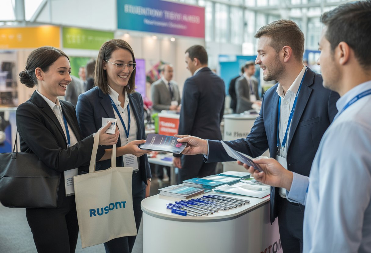 Business professionals interacting and distributing promotional products at a busy trade show booth.