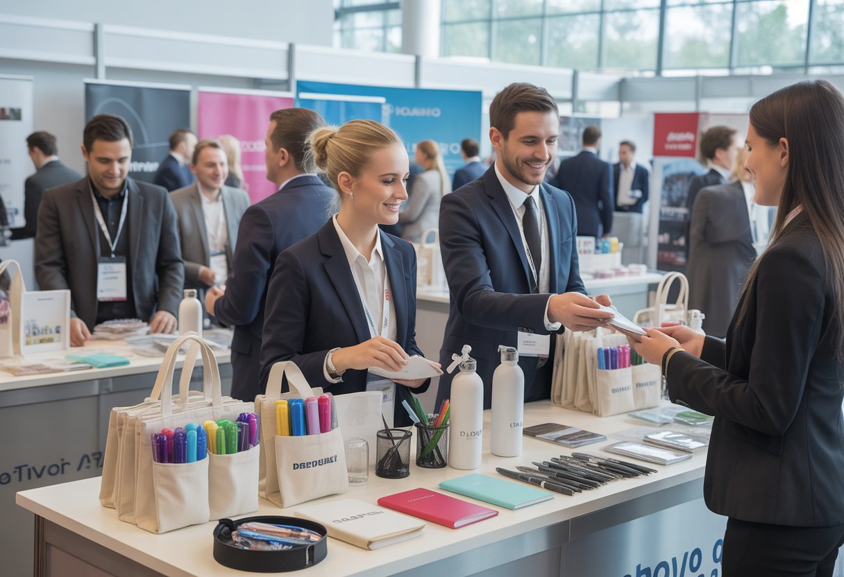 People at a trade show booth distributing promotional products to visitors in a busy event setting.