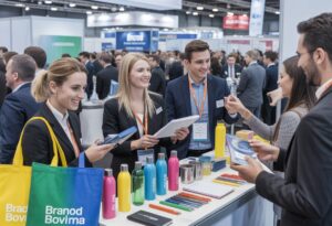 People interacting and exchanging promotional products at a busy trade show booth with branded items displayed on tables.