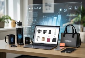 A workspace showing a laptop with digital designs of promotional products alongside traditional and tech-enhanced branded items like a smart water bottle and wireless earbuds.