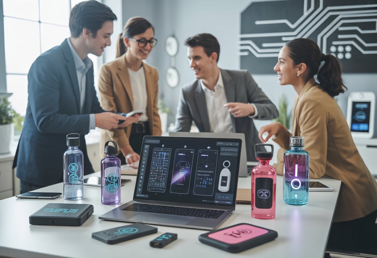 A group of young professionals discussing innovative tech-integrated promotional products around a desk with various smart branded items and a laptop.
