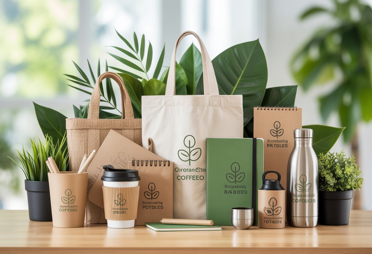 A collection of eco-friendly promotional products including bamboo coffee cups, cotton tote bags, recycled notebooks, pens, and water bottles arranged on a wooden table with green leaves and small plants around them.