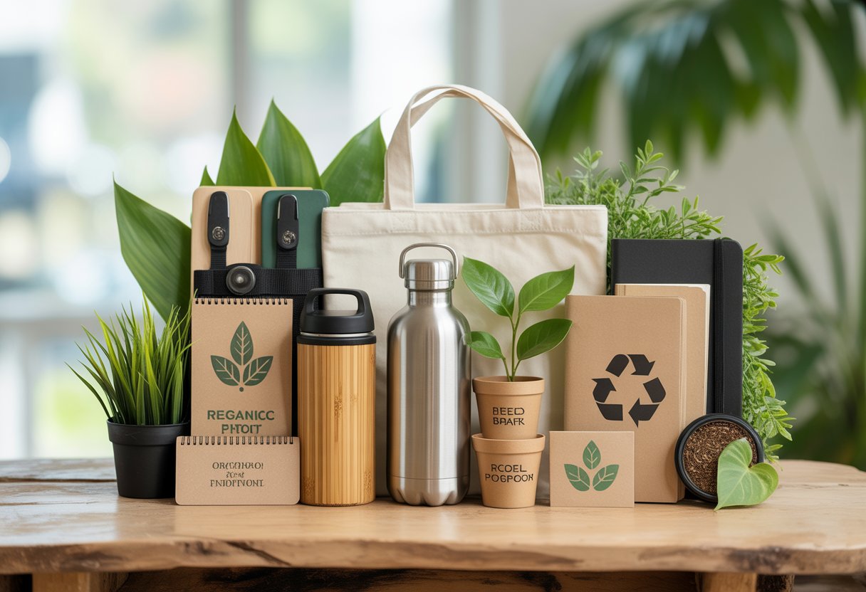 A collection of eco-friendly promotional products including reusable bottles, bamboo pens, cotton tote bags, seed paper cards, and notebooks displayed on a wooden table with green plants around.