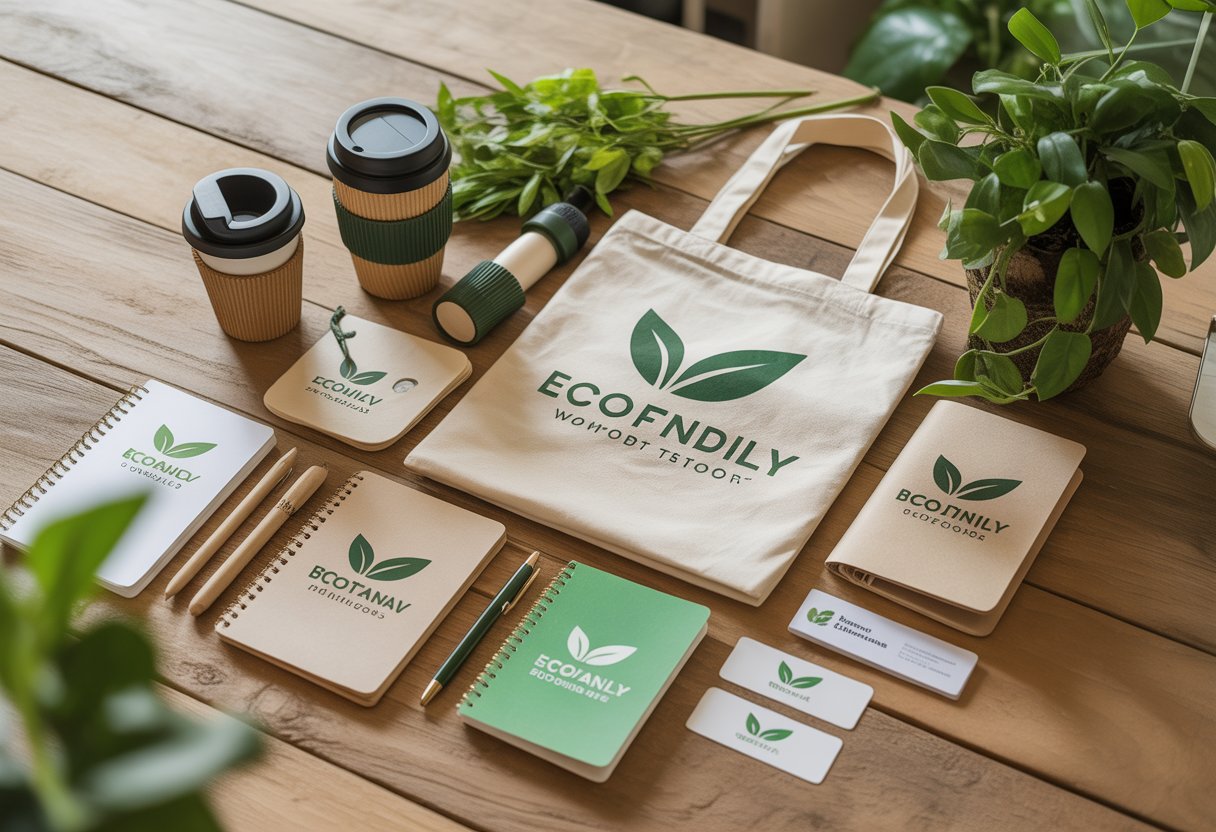 A collection of eco-friendly promotional products including bamboo cups, cotton bags, biodegradable pens, and seed paper cards displayed on a wooden table with green plants around them.