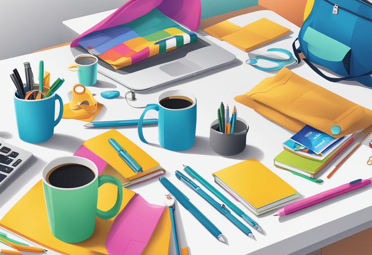 A table with various promotional products displayed: pens, mugs, tote bags, and keychains. A banner with the campaign slogan hangs above. Bright colors and bold logos catch the eye
