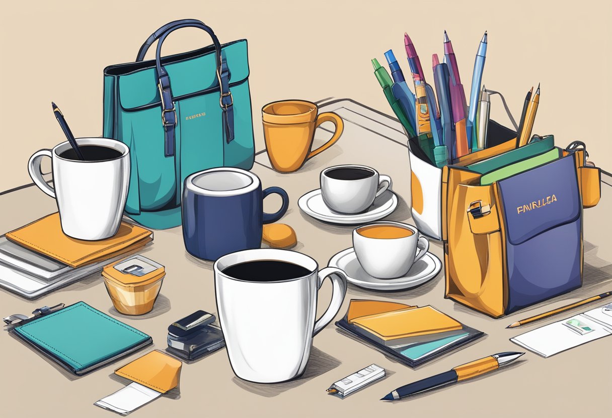 A table with various branded items, such as mugs, pens, and tote bags, displayed in a creative and eye-catching manner