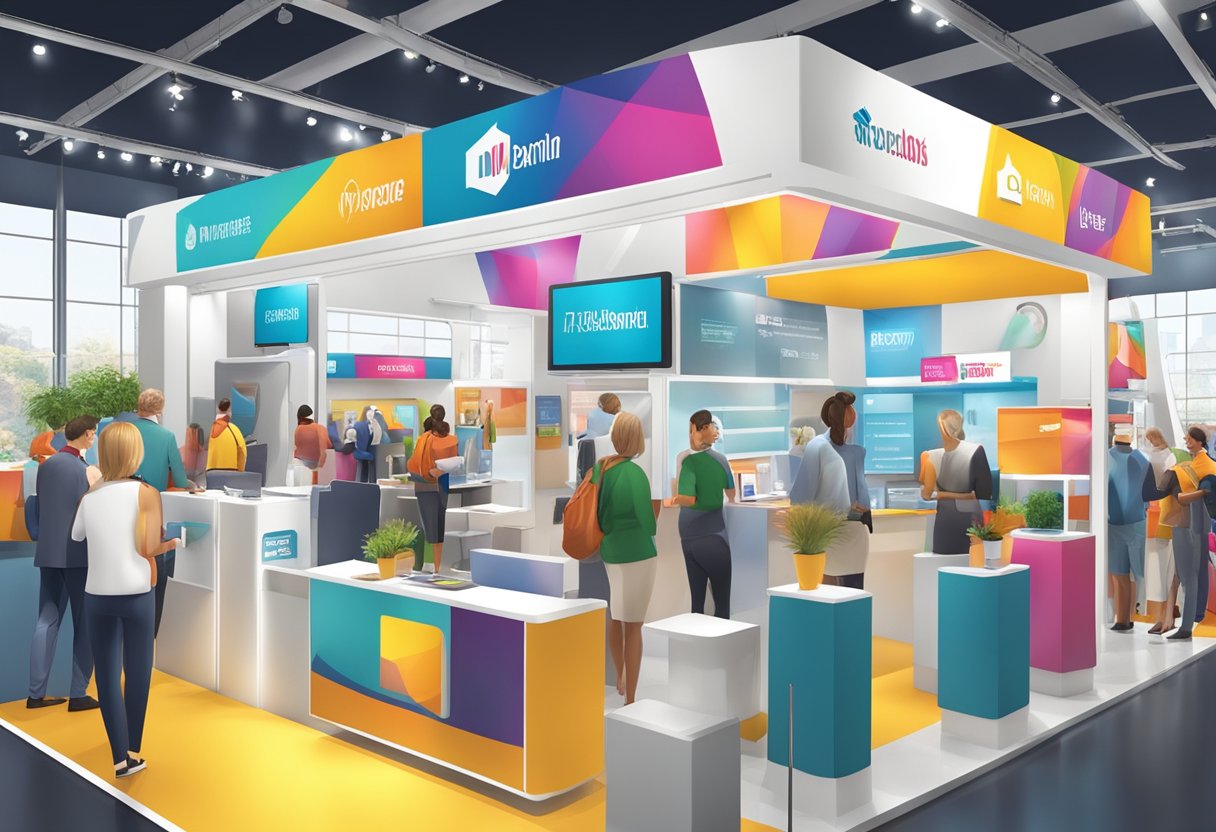 A vibrant trade show booth with branded products on display, engaging with attendees. Bright colors and interactive elements draw in the crowd