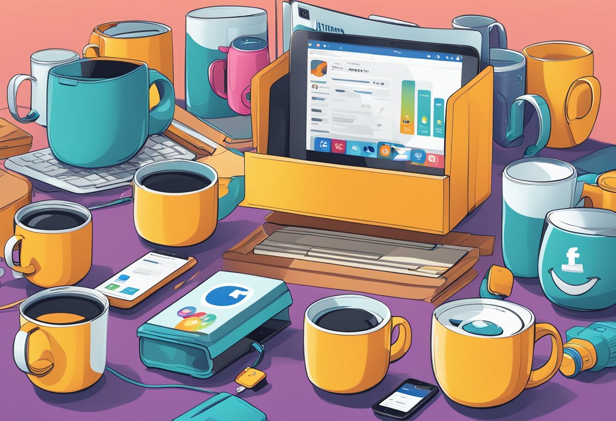 A vibrant social media post featuring various promotional products in action, such as branded mugs, tote bags, and tech gadgets, with engaging captions and hashtags