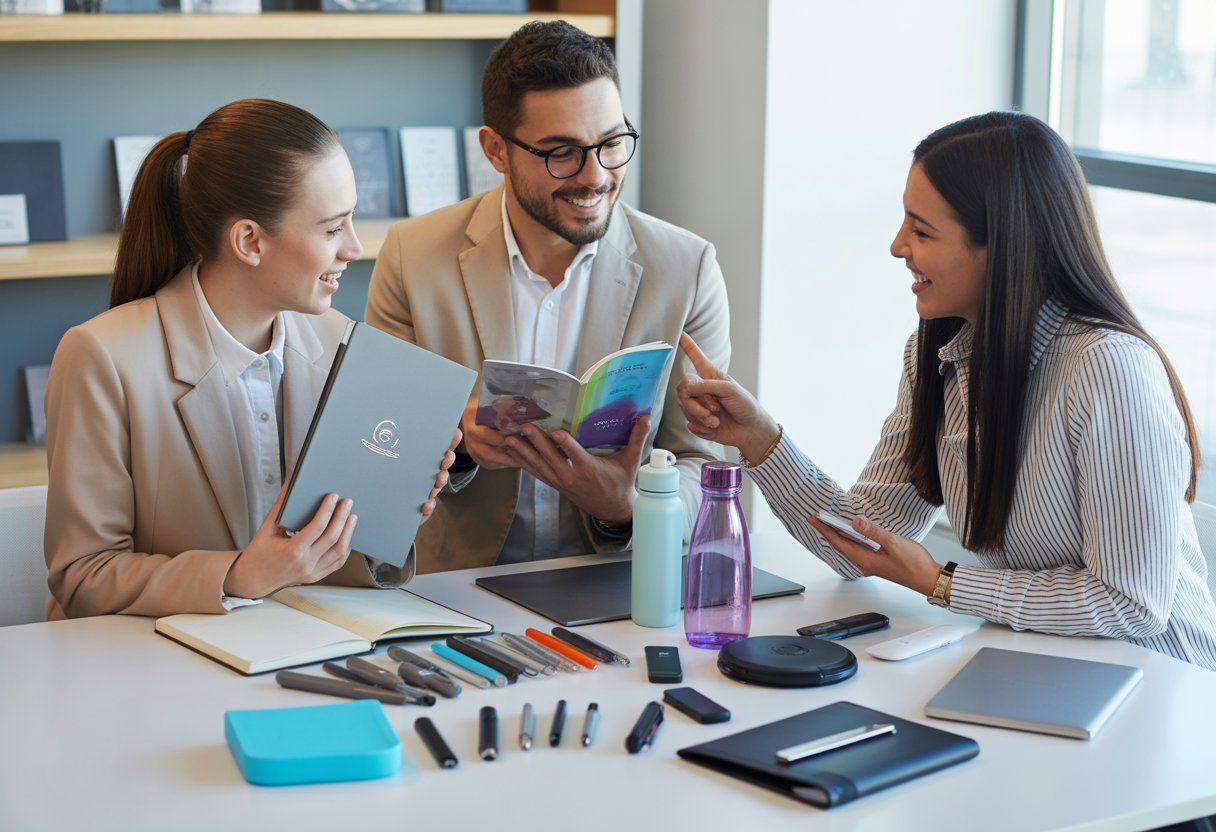 Three marketing professionals discussing various promotional products on a conference table in an office.