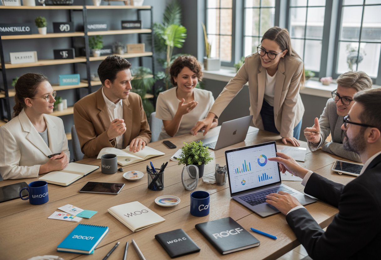 A group of marketing professionals discussing promotional products around a table in a bright office.