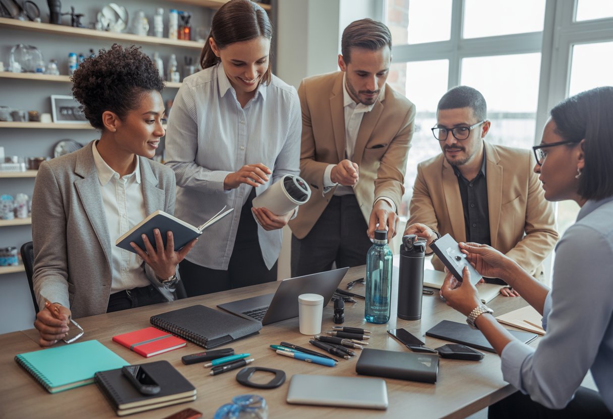 A group of people in a modern office discussing and examining various promotional products on a table.
