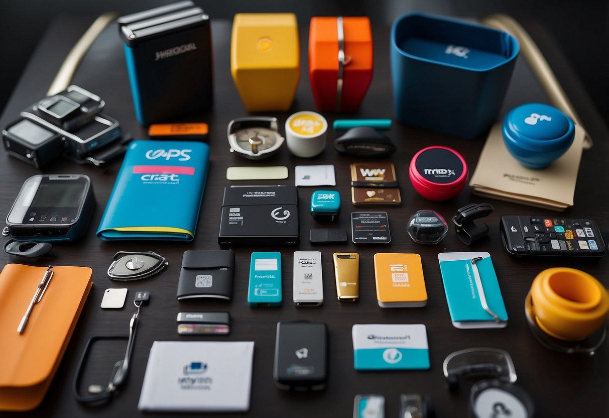 A colorful array of promotional products arranged in a visually appealing display, with logos and branding strategically placed for maximum impact
