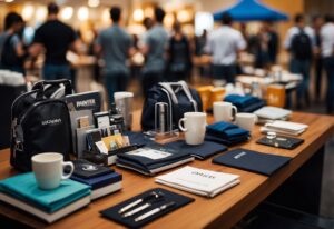 A table with various promotional products such as branded pens, mugs, and tote bags displayed. A crowd of people interacting with the products, smiling and engaging with the items