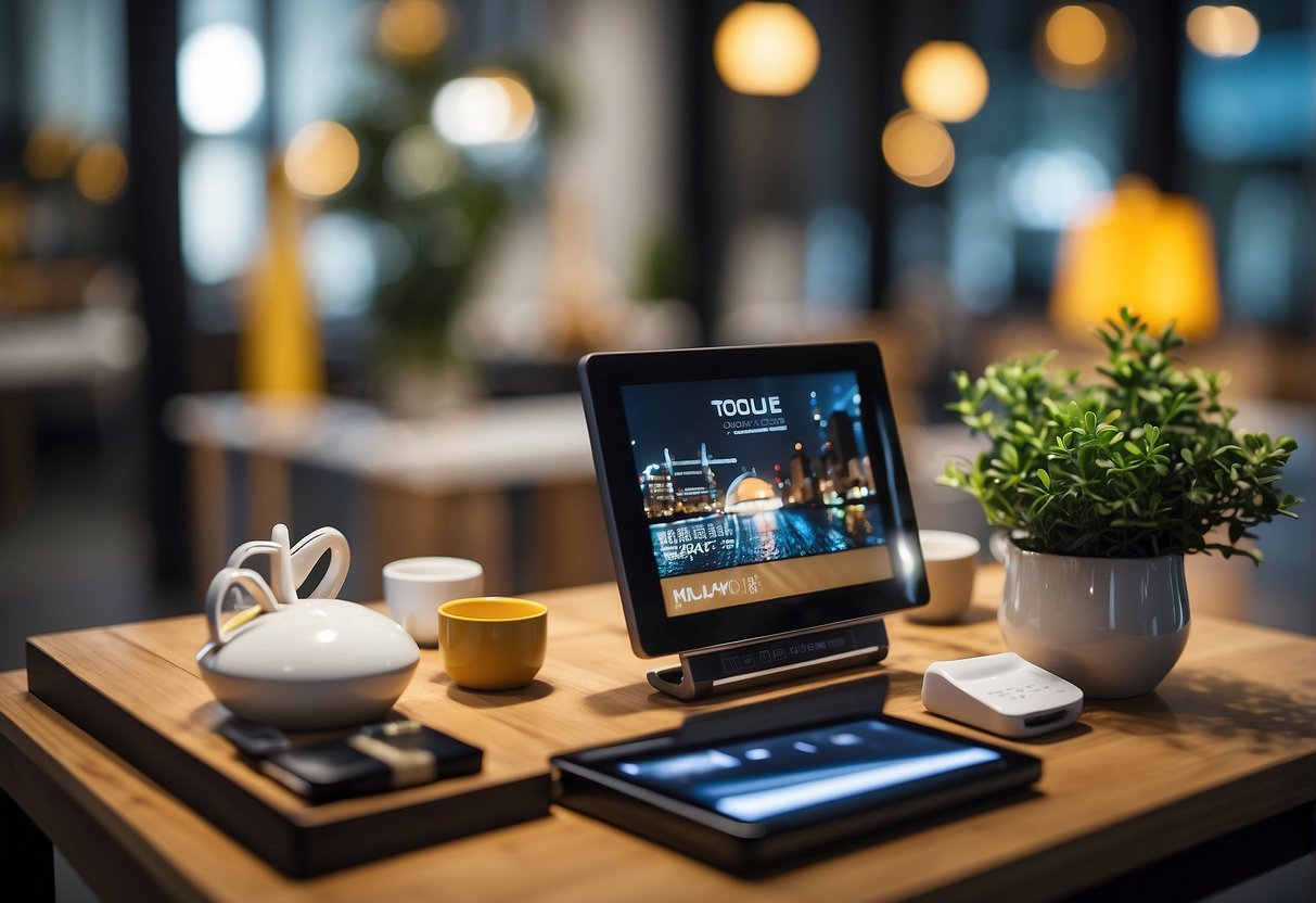 A table displays branded merchandise in a well-lit room, arranged to draw attention. Products vary in size and type, showcasing a range of promotional items