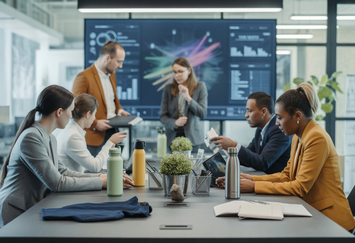 Business professionals collaborating around a table with promotional product samples and a digital screen showing futuristic graphics in a bright office.