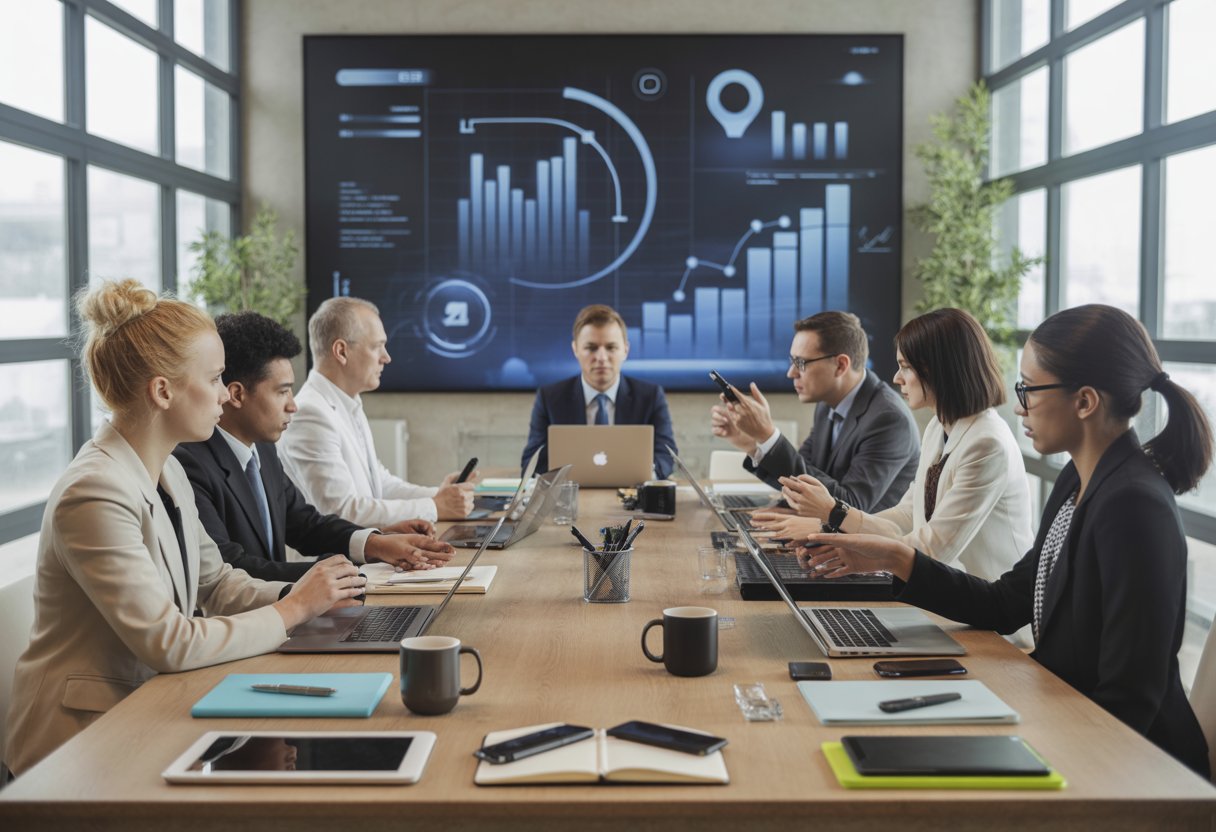 A group of business professionals collaborating around a conference table with promotional product samples and digital screens showing graphs and icons.