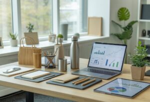 A bright office desk with eco-friendly promotional products like reusable pens, recycled notebooks, water bottles, and tote bags, alongside a laptop and tablet showing business charts, with green plants nearby.