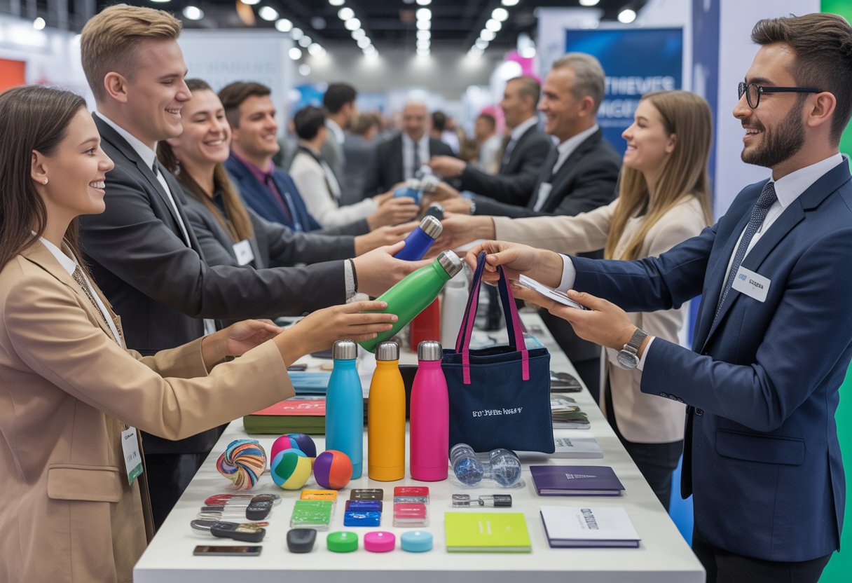 A busy trade show booth with people receiving various giveaway items like water bottles, stress balls, tote bags, USB drives, and notepads from friendly staff.