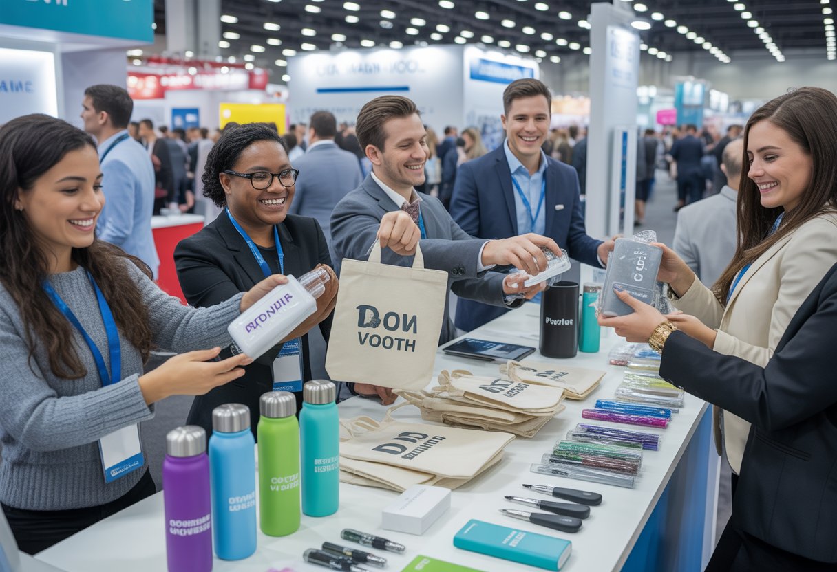 People at a busy trade show booth receiving giveaway items from staff members.