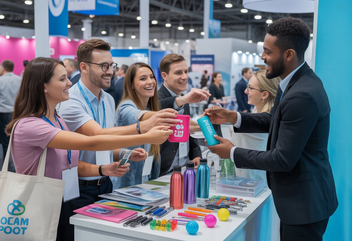A busy trade show booth where a friendly exhibitor hands out popular giveaway items to interested attendees in a lively event setting.