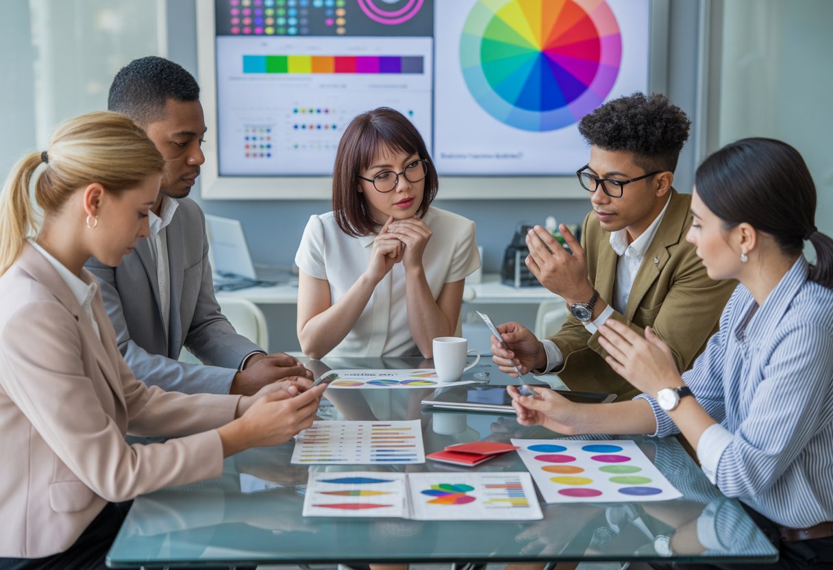 A group of marketing professionals working together around a table with colourful charts and a digital screen showing a colour wheel and infographics.