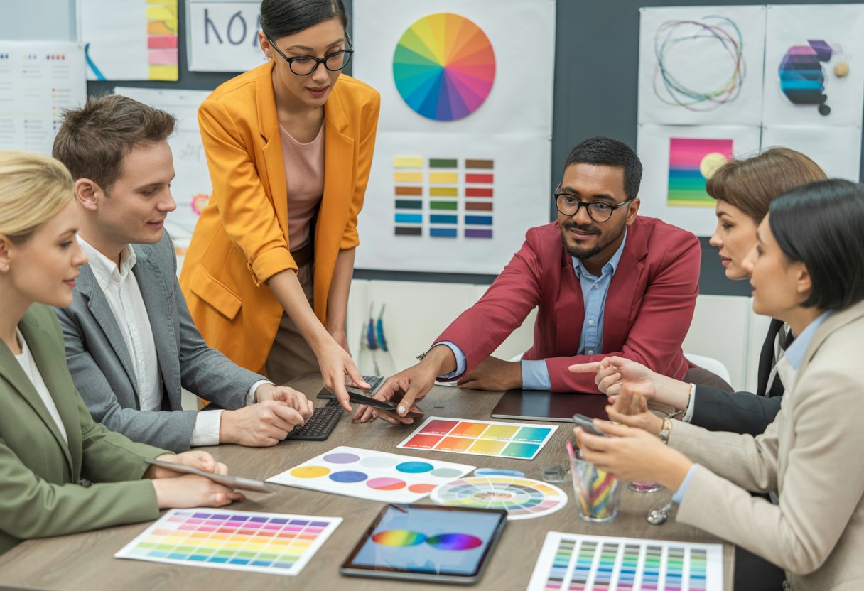 A group of marketing professionals discussing colourful charts and colour palettes around a table in an office.