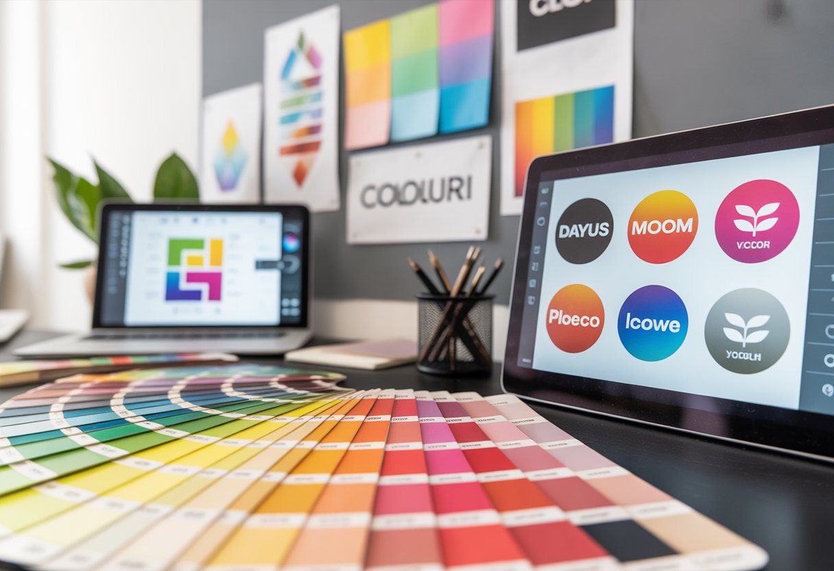 A designer's desk with colourful swatches and digital devices showing brand logos, with a mood board of branding materials in the background.