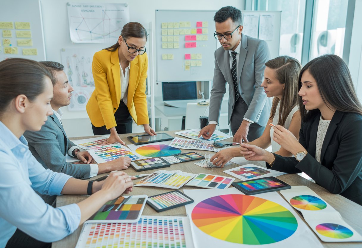 A group of people working together around a table with colourful charts and colour swatches in a bright office.