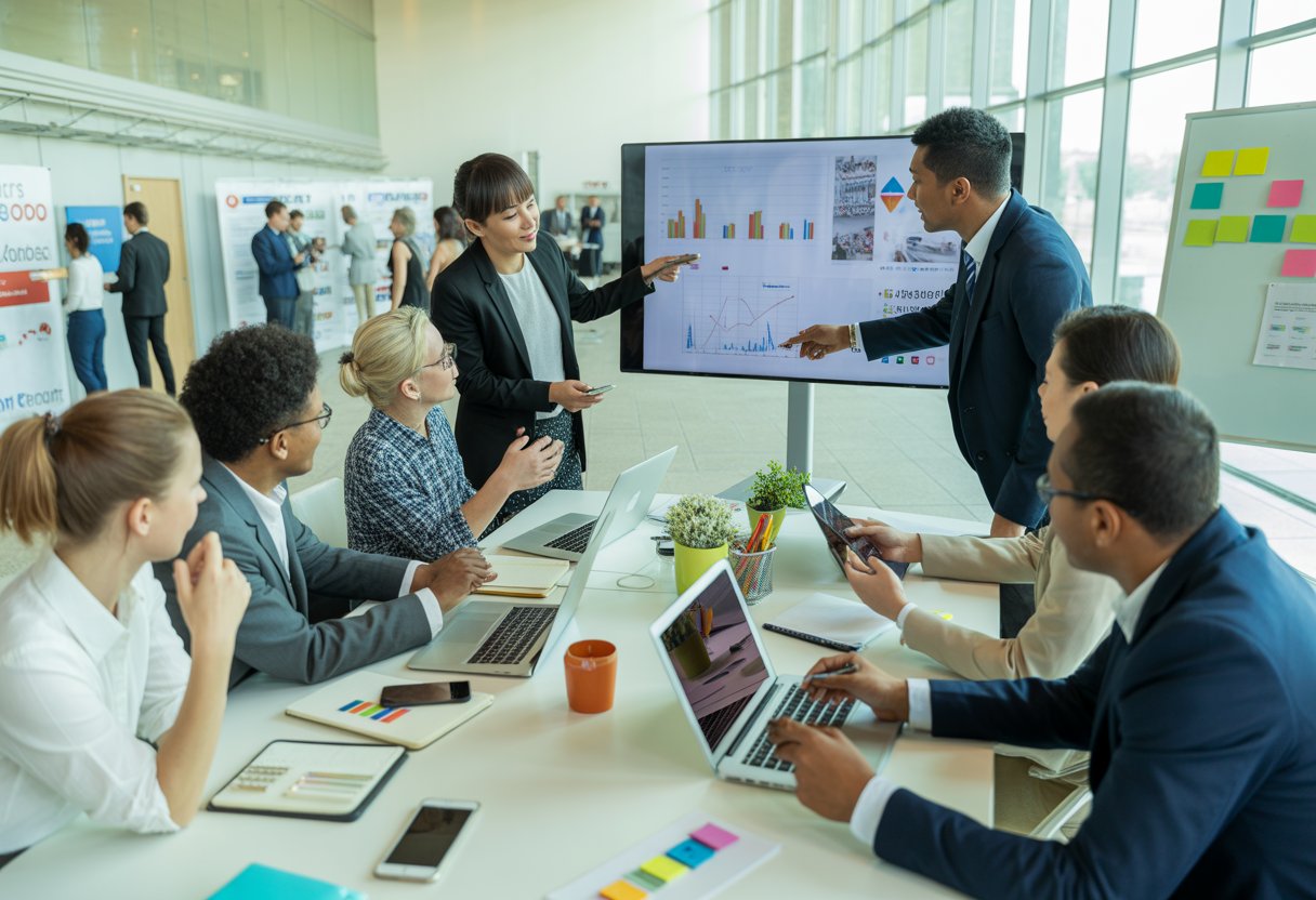 A group of business professionals collaborating around a table with laptops and charts in a bright conference room.