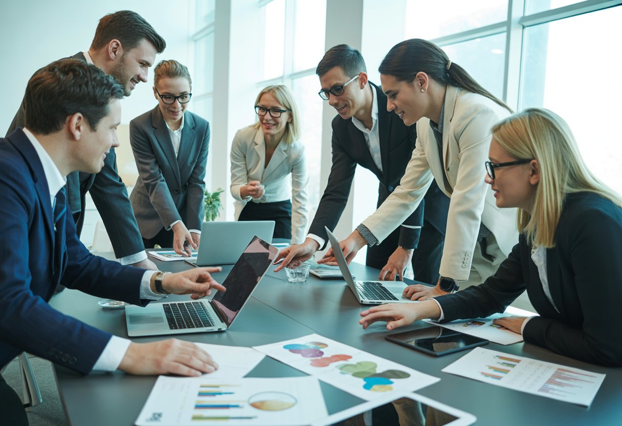 A group of professionals collaborating around a conference table with laptops and marketing materials in a bright office.