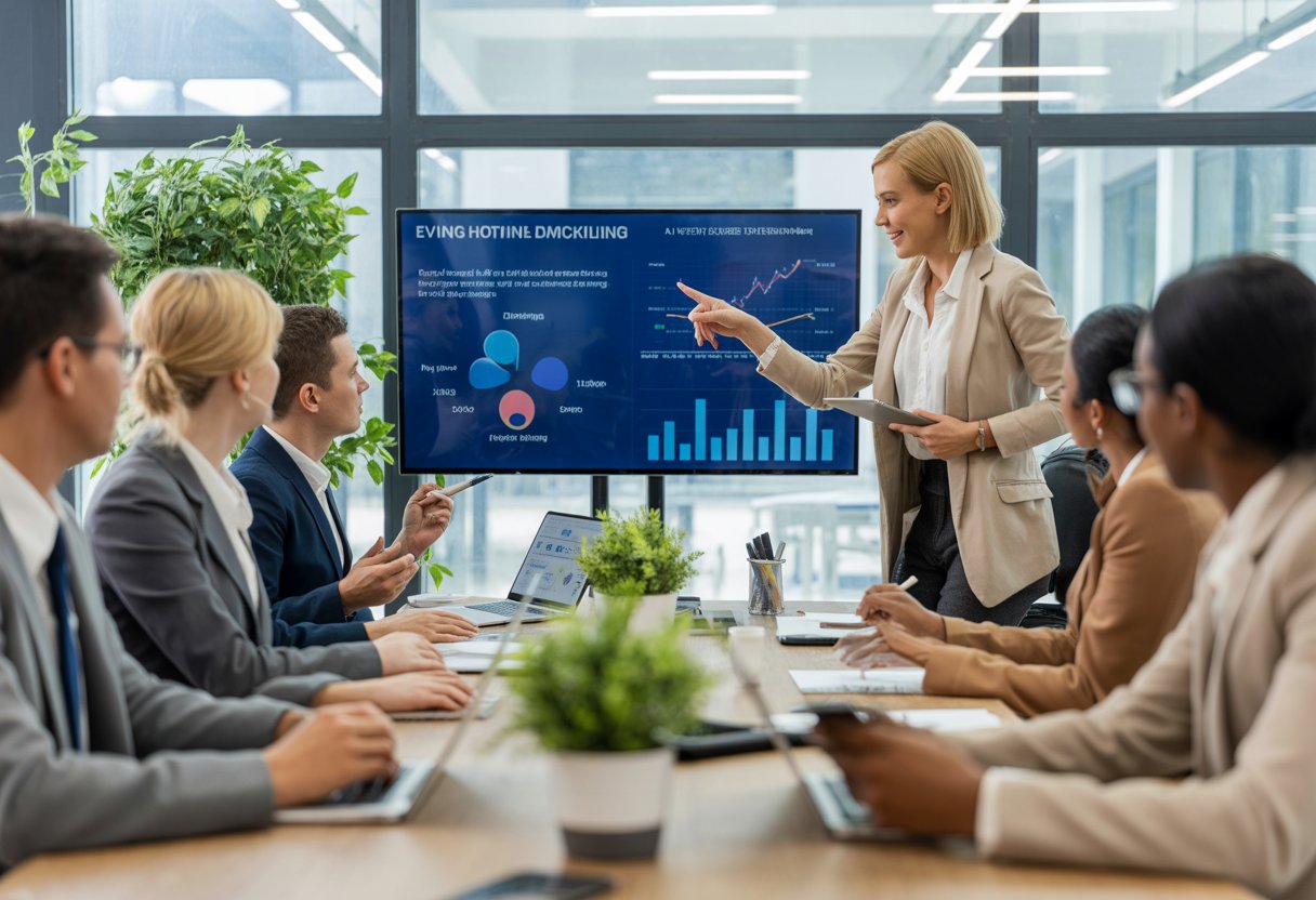 A diverse group of professionals collaborating in a modern office meeting room, discussing event planning strategies around a table with digital devices and a large screen displaying charts.
