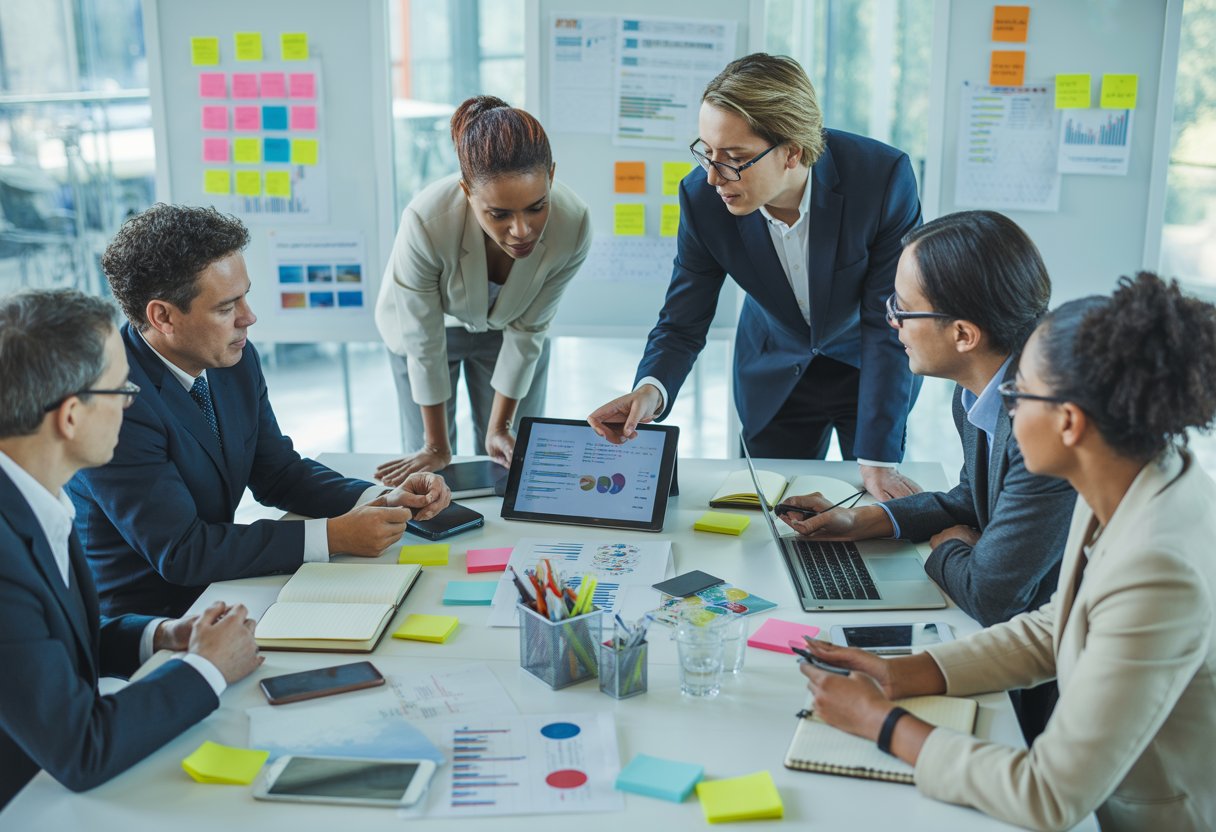 A group of business professionals collaborating around a table with marketing materials and digital devices in a bright office.
