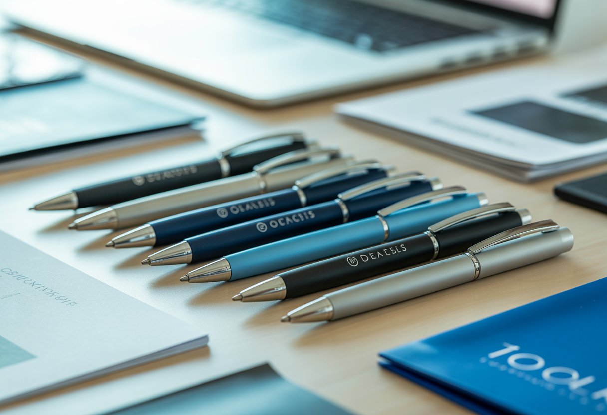 Close-up of pens arranged on an office desk with marketing materials and a laptop in the background.