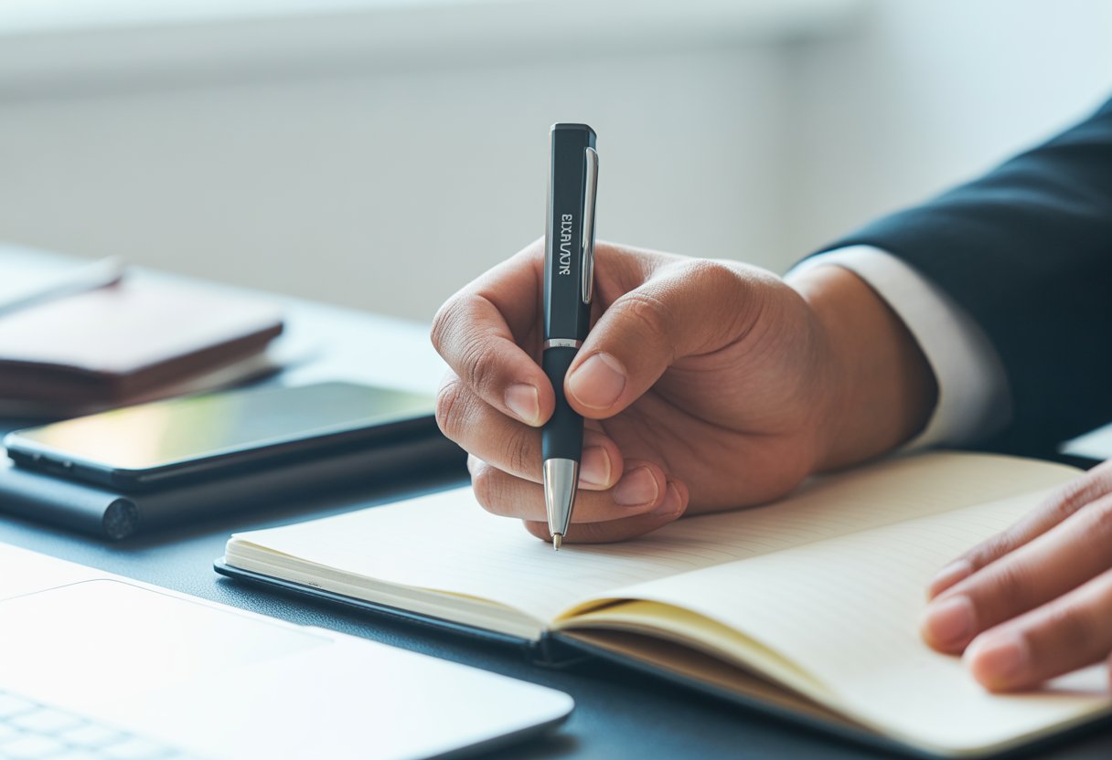 A hand holding a pen over a desk with office items like a notebook and laptop.