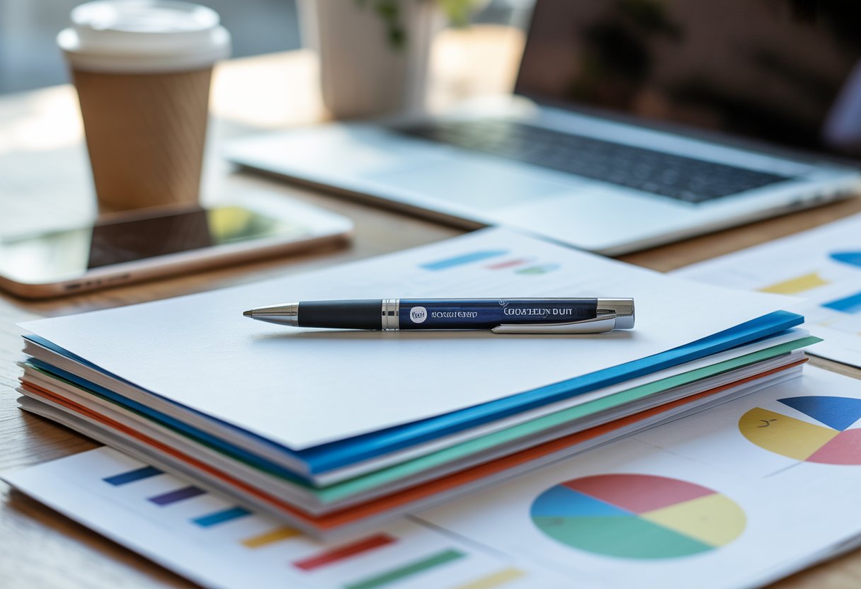 A branded pen resting on marketing documents on an office desk with a laptop, smartphone, and coffee cup nearby.