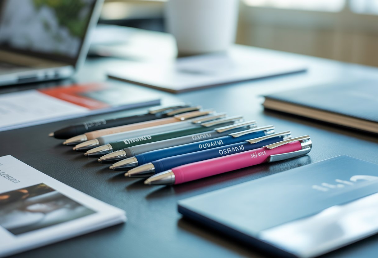 A close-up of various branded pens arranged on an office desk with marketing materials and a laptop in the background.
