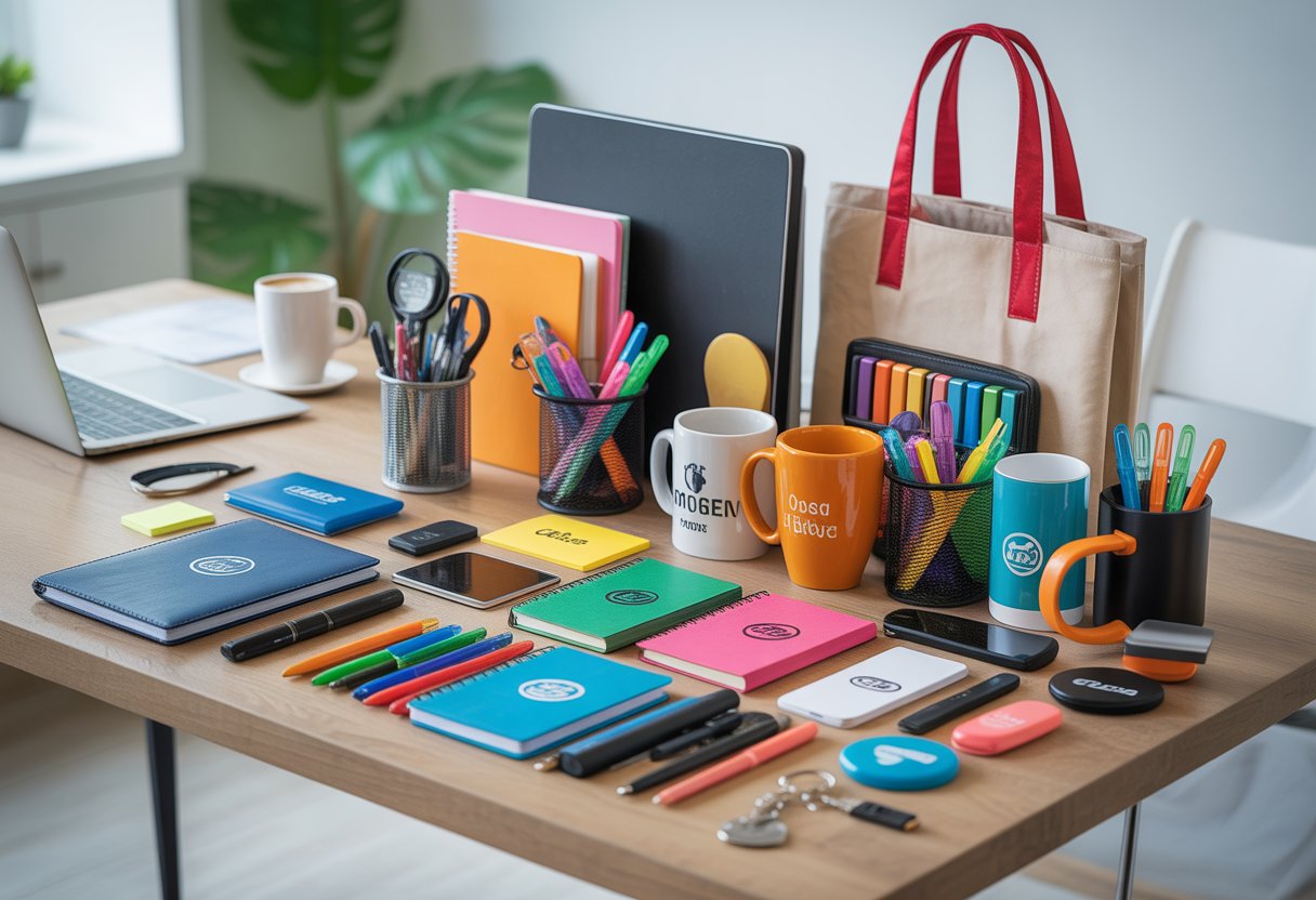 A bright office desk displaying various promotional products including pens, mugs, notebooks, USB drives, keychains, and tote bags arranged neatly with a laptop and a plant in the background.