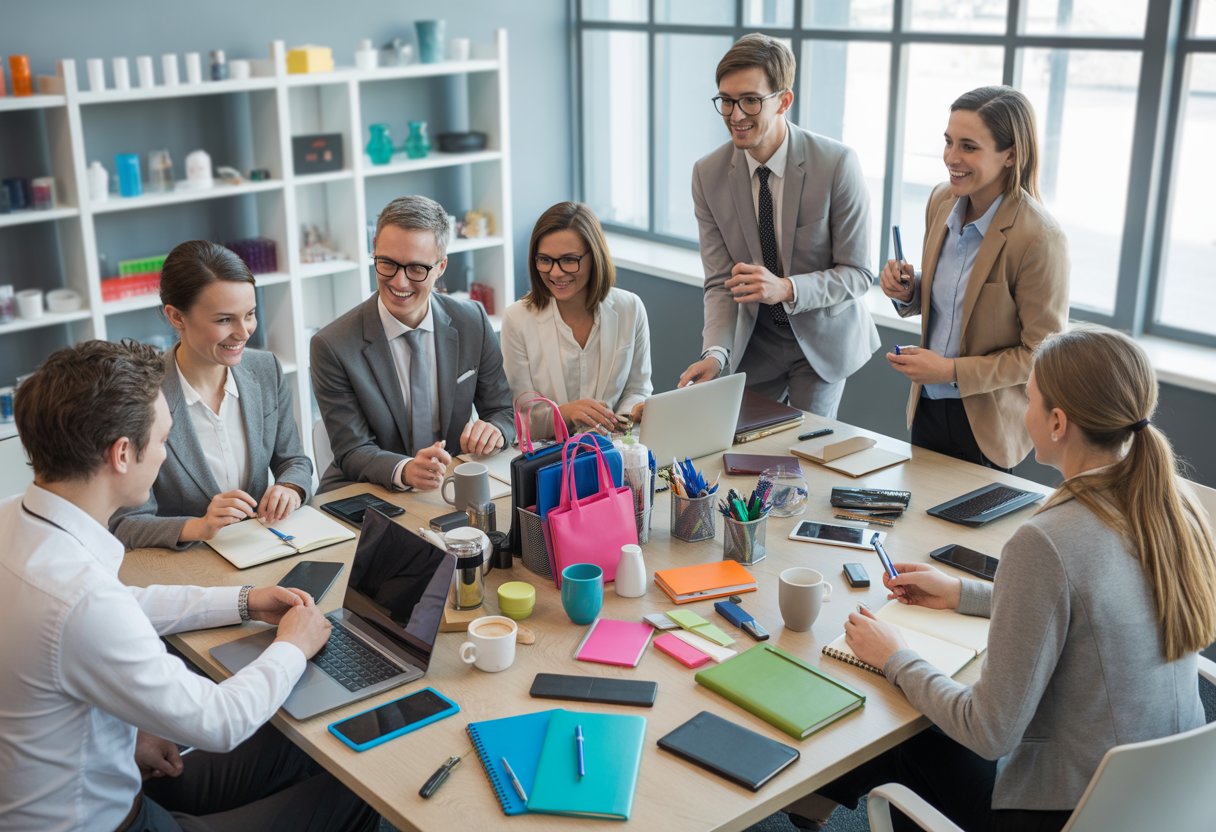 A group of business professionals collaborating around a table filled with various promotional products in a bright office.