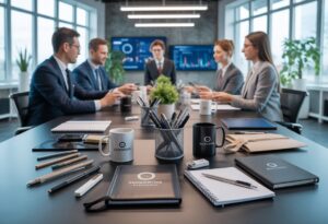 Business professionals discussing promotional products arranged on a conference table in a bright office.