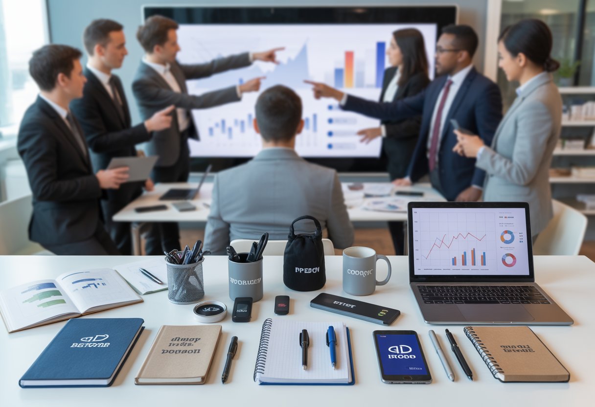 A modern office desk with various promotional products and business professionals discussing data on a digital screen in the background.