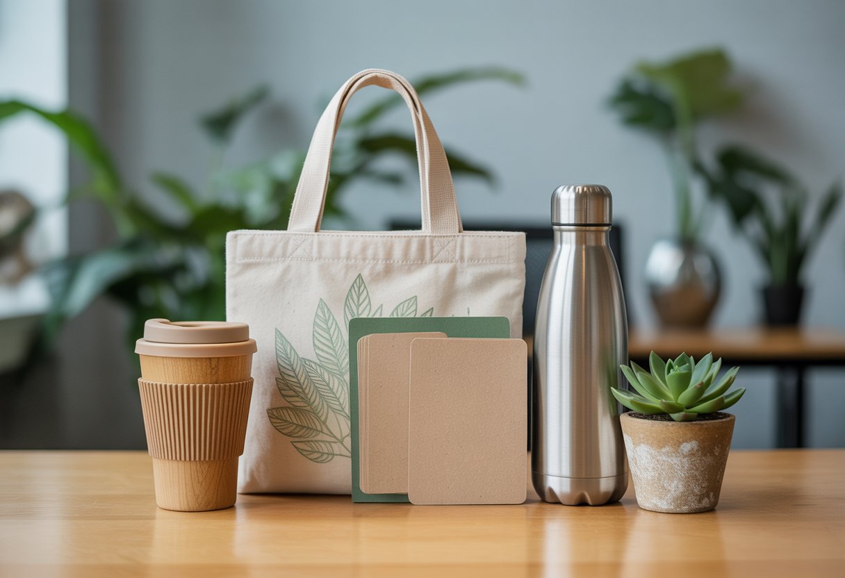 Five eco-friendly promotional products arranged on a wooden table, including a bamboo coffee cup, cotton tote bag, stainless steel water bottle, seed paper business cards, and a small potted succulent.