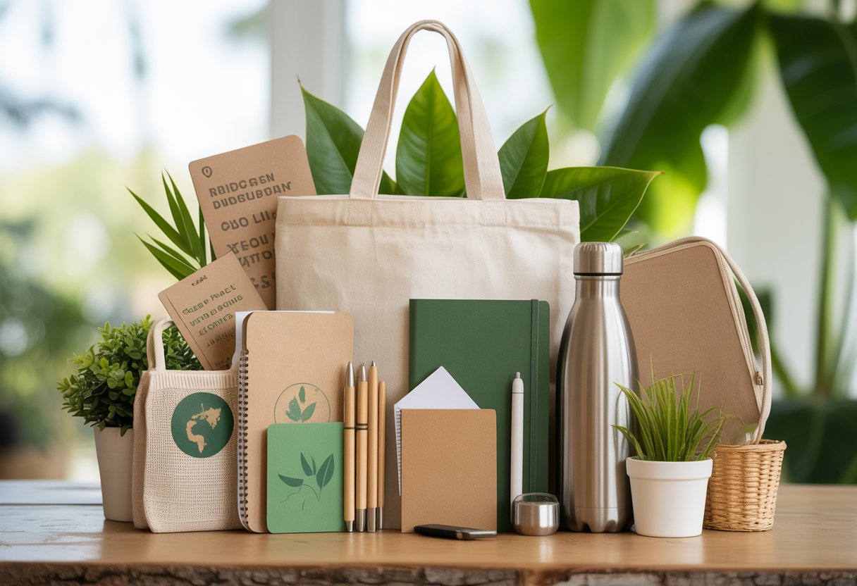 A collection of eco-friendly promotional products including tote bags, pens, notebooks, water bottles, and plants arranged on a wooden surface.