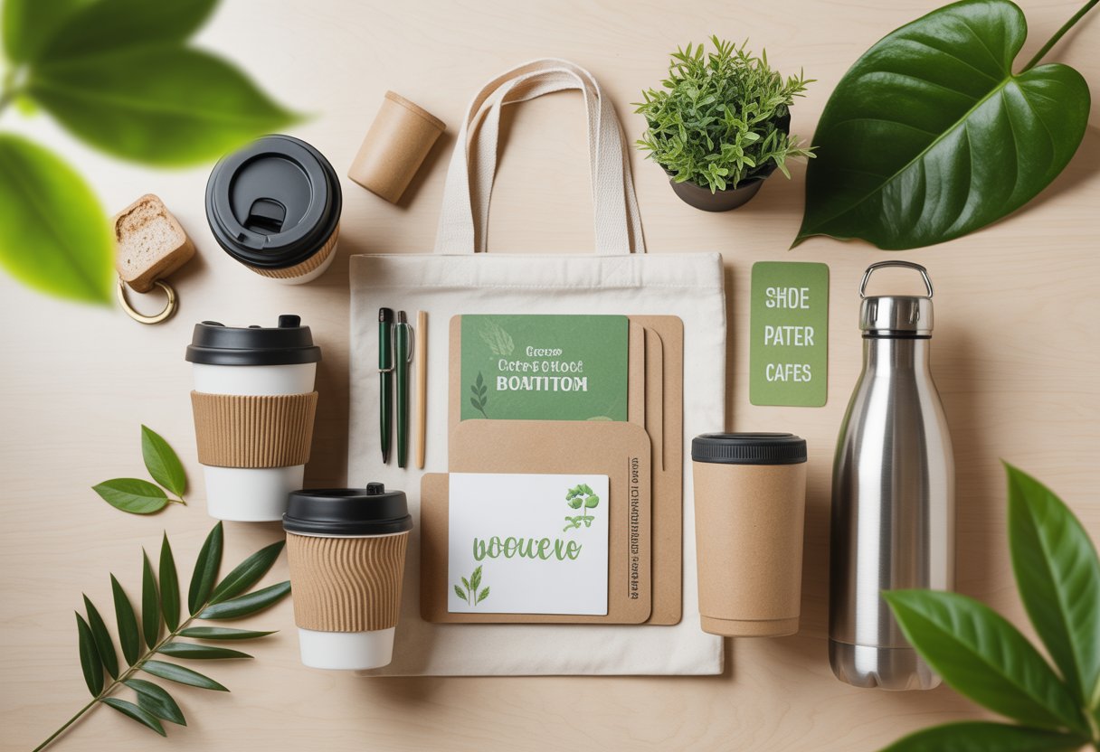 A selection of eco-friendly promotional items including bamboo cups, cotton bags, biodegradable pens, seed paper cards, and metal water bottles arranged with green plants on a wooden surface.