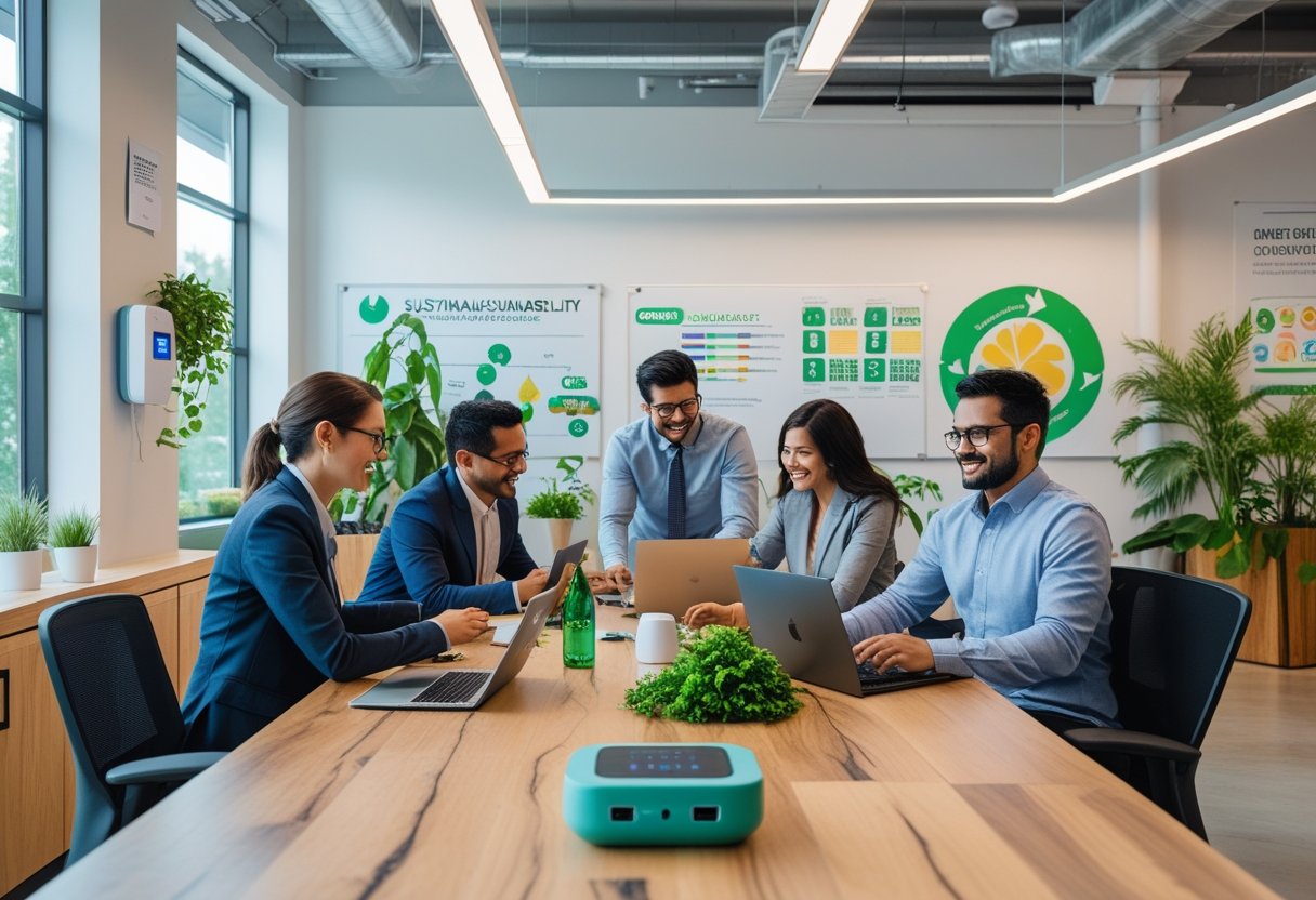 A group of professionals working together in a bright office with plants, recycling bins, and eco-friendly devices, focusing on sustainable workplace practices.