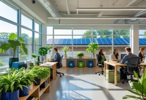 A modern office with natural light, green plants, employees working at desks, recycling bins, and solar panels visible outside.